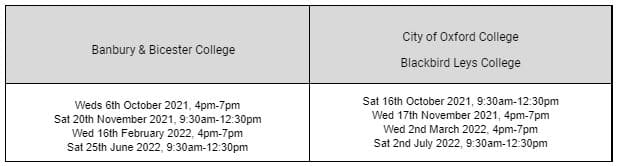 Banbury College timetable Sept 21