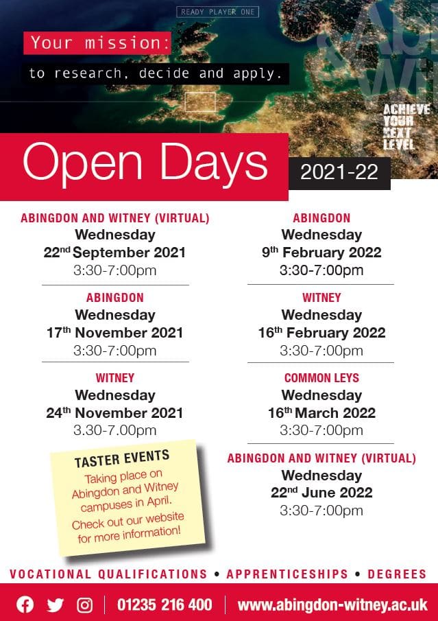 Abington and Witney College open days poster